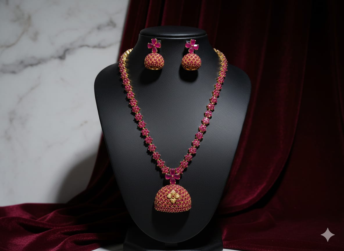 The Ruby Pink Floral - 1-Carat American Diamond Zircon Necklace Set