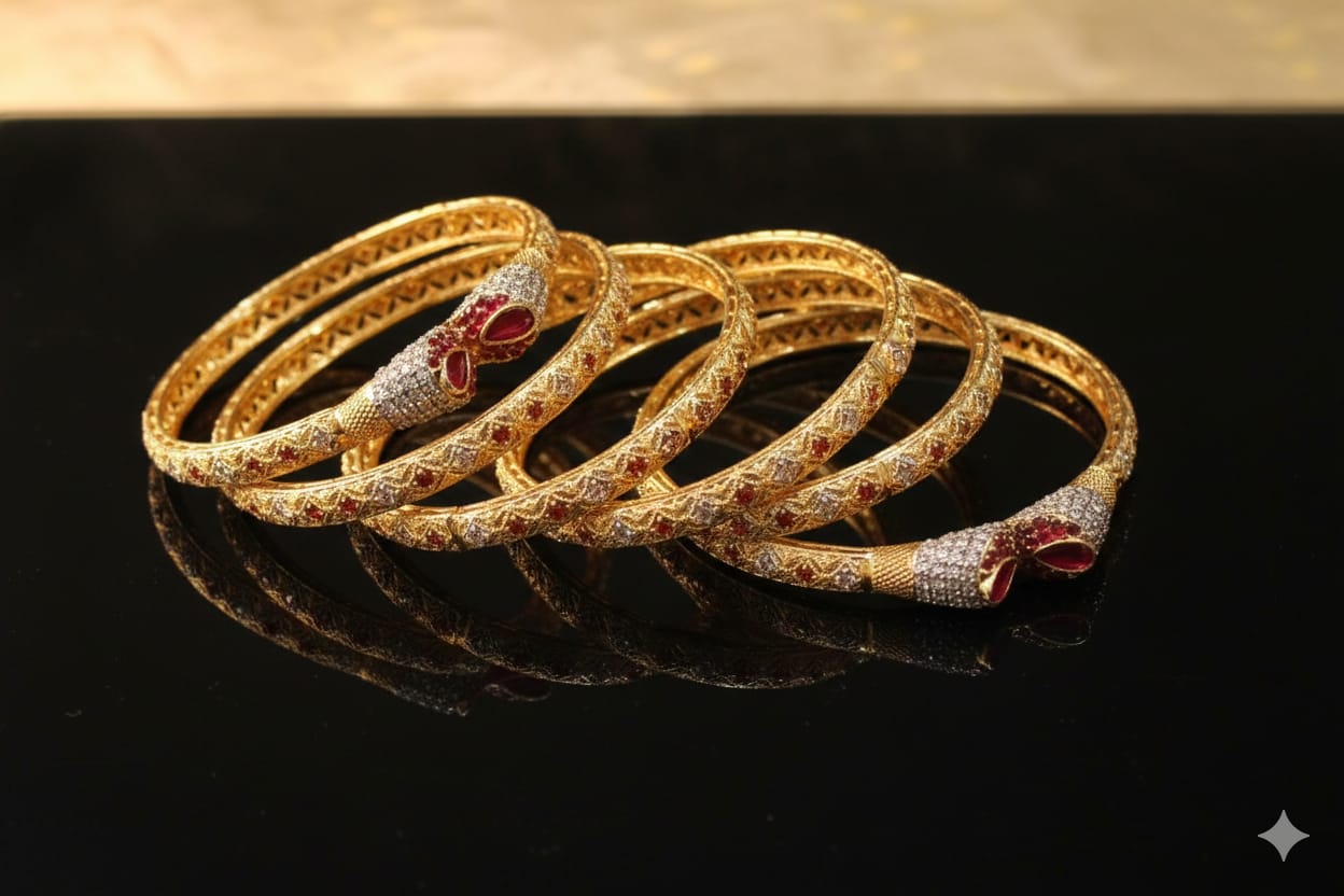 Premium Gold Plated Ruby And Zircon Studded Bangles