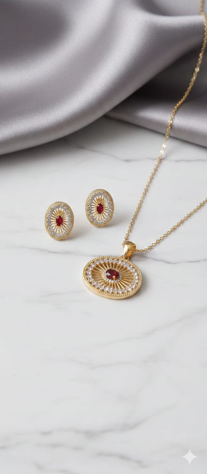 Royal Sunburst - Premium Gold Plated Ruby Red American Diamon Zircon Necklace Set