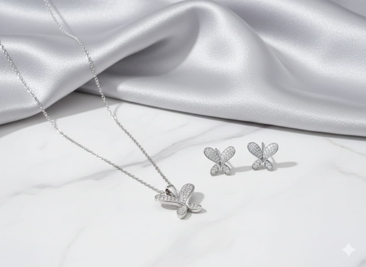The Mariposa Sparkle - Butterfly Motif American Diamonds Premium Zircon Necklace Set