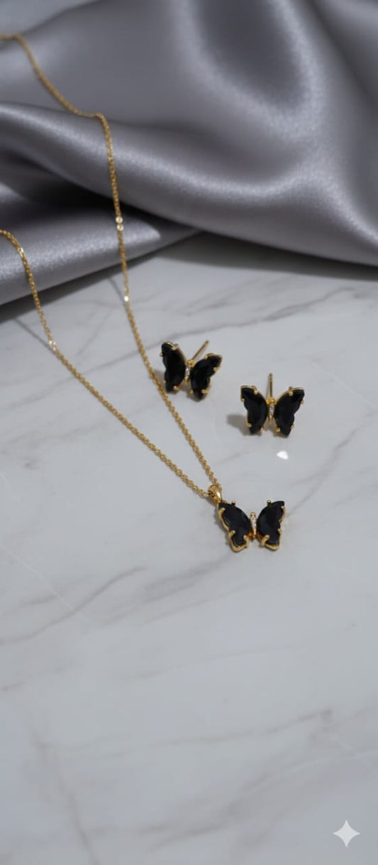 Midnight Monarch - Premium Gold Plated Black Onyx Butterfly Jewellery Set