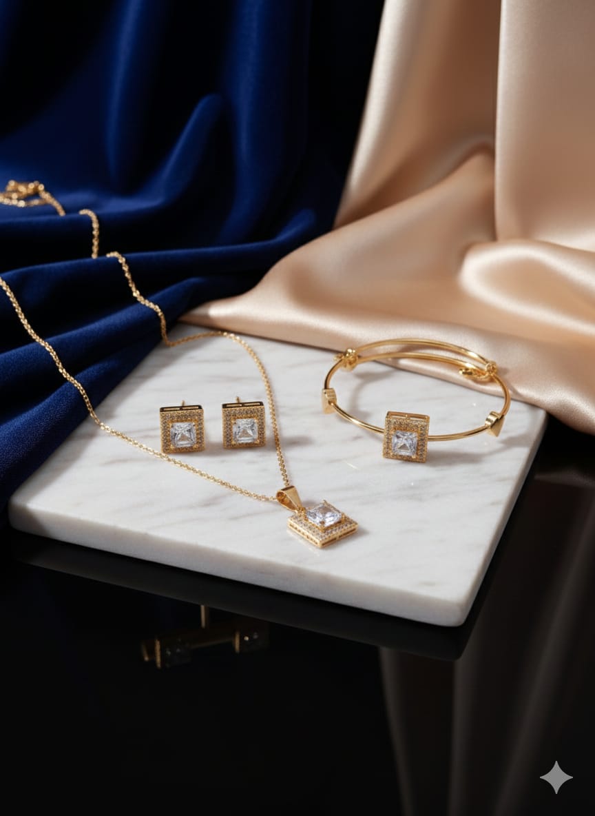 Full Glam Combo Set - Premium American Diamond Gold Plated Zircon Combo Set